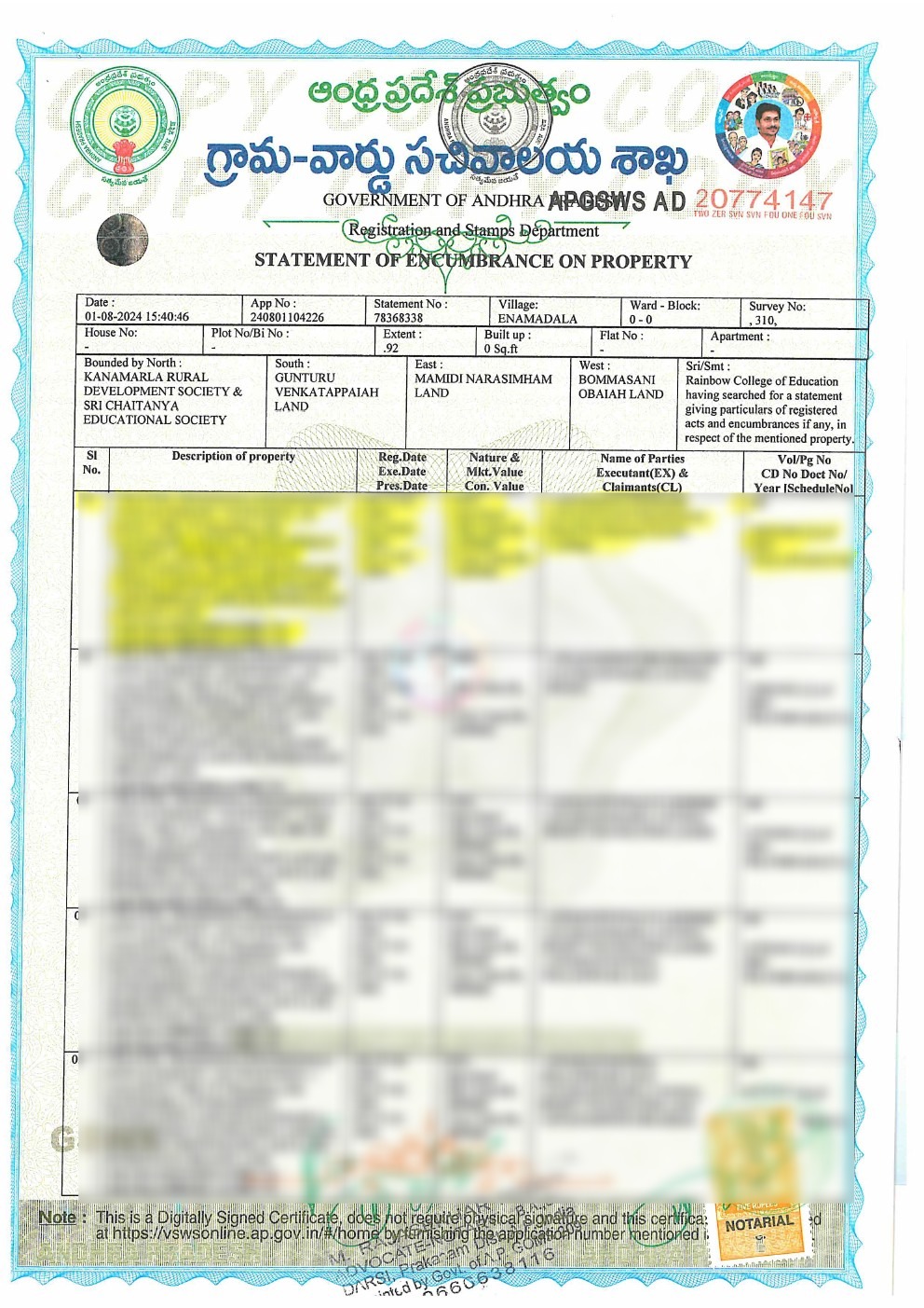 Statement of Encumbrance on Property